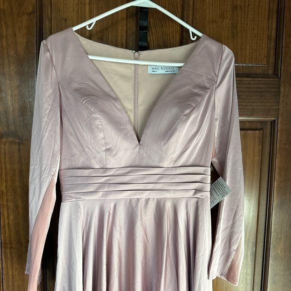 MAC DUGGAL Plunge Neck Satin A-Line Dress In Rose - Picture 3 of 6